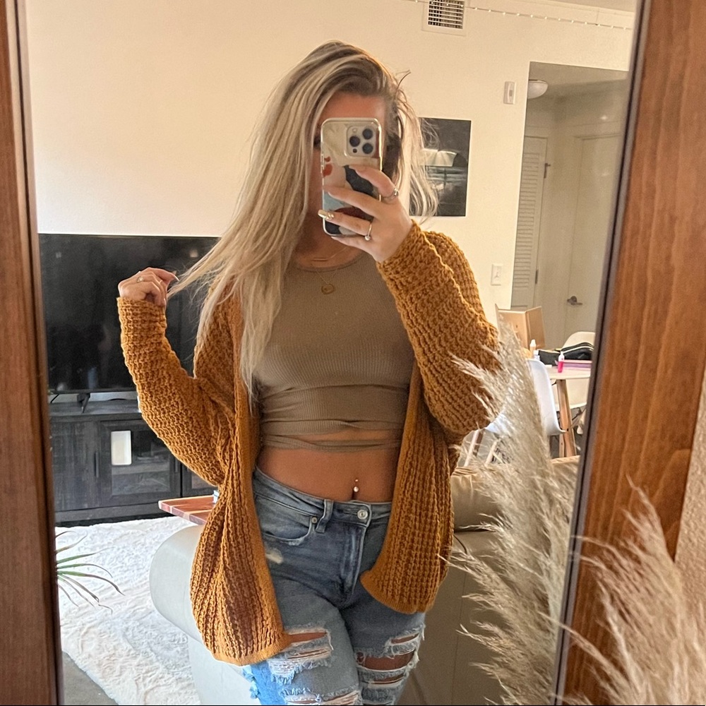 Mustard yellow, dress up or down, open sweater